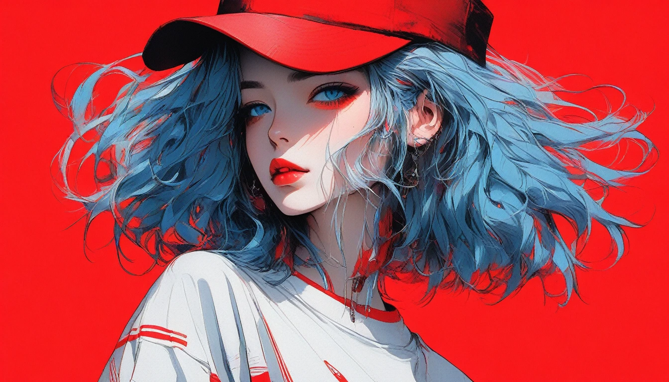 Illustrator, anime , Realistic ,sketch , 1 Girl, lip, T-shirt, order, Textured Trim, (masterpiece,Highest quality) red background, Neon hair, Textured Trim, (masterpiece,Highest quality), fine hair, sky blue hair, blue eyes, choppy hair, handsome short hair, red, Russian, very short hair