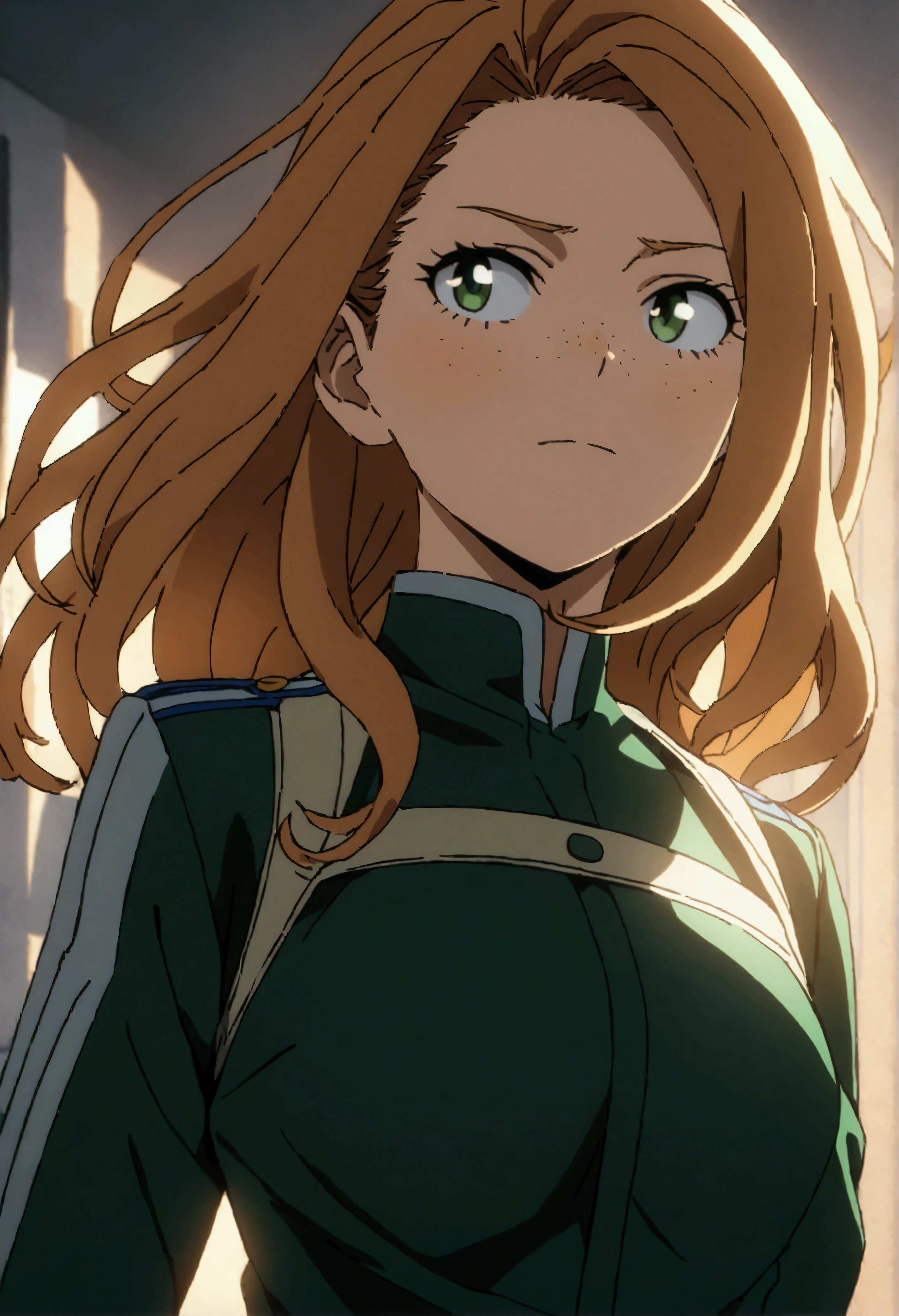 She is a 15 year old teenager, she has slightly disheveled long ginger hair, light brown eyes, with some freckles on the nose area  , fit body , anime art slyle my hero academy , , sexy face , she is dressed in the anime female uniform "my hero academia", , 8k, high quality, masterpiece, , cinematic, vivid colors, shining green eyes