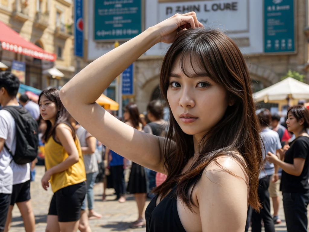 A beautiful Korean girl, head in guillotine, town square, big crowd of people