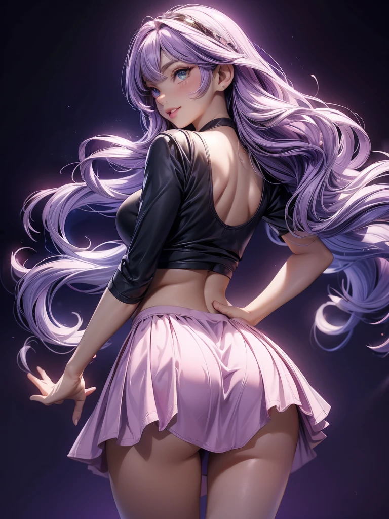 one American girl, long soft wavy light purple lilac hair, looking back at viewer, pov from behind, wearing super tight skirt, upskirt, black thong panties, plain background, bright green eyes, zoomed in++, pov from below, plump lips, closed smile, soft muscles, large ass, close up of ass