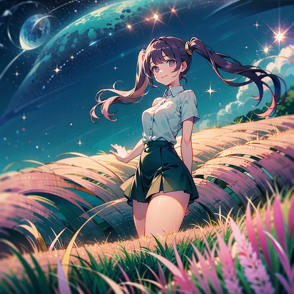 (masterpiece), (HDR), absurdres, (best quality), (ultra high quality), (hi-res), (1girl), slim, (lavender eyes), beautiful detailed eyes, teen, (dark purple hair), bangs, short side locks, (((big thick twintails))), (long straight hair), (((two gold hair ties))), button up shirt, detached collar, short sleeves, (medium breast), ((thin waist)), mini skirt, zettai ryouiki, (happy expression), smile, (looking at viewer), night time, outdoors, stargazing, starlight, universe, galaxy, stars above, stars, milky way, stars reflected in eyes, mouth open, in a field, grass,