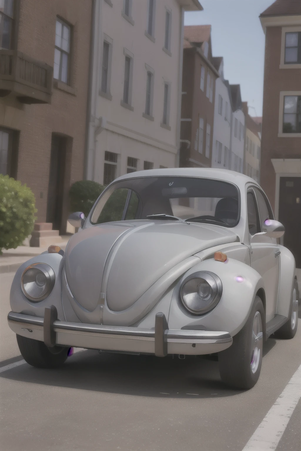 
Faça um Fusca 1981, Cinza, com faróis, Vista completa, vendo-o descendo uma rua da janela do segundo andar, pixar