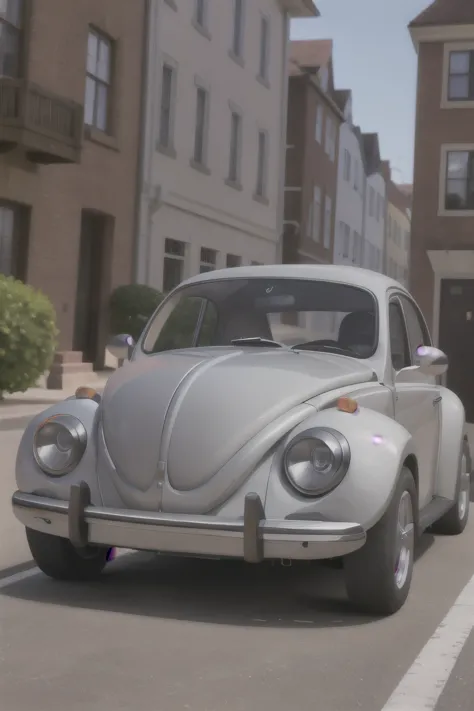 
Make a 1981 Beetle, gray, with headlights, full view, seeing it going down a street from a 2nd floor window, pixar