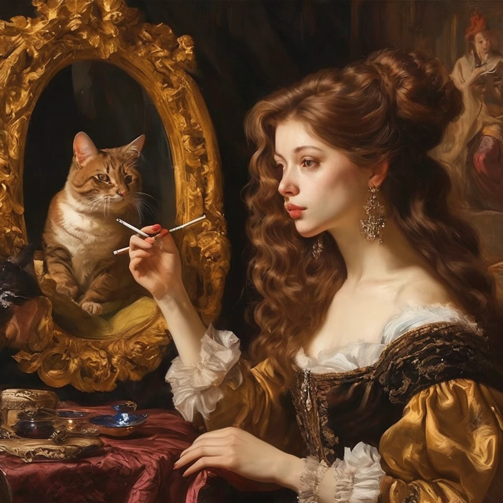 Baroque aesthetics, one half cat half girl, long brown hair, she is smoking cigarette and looking at the mirror