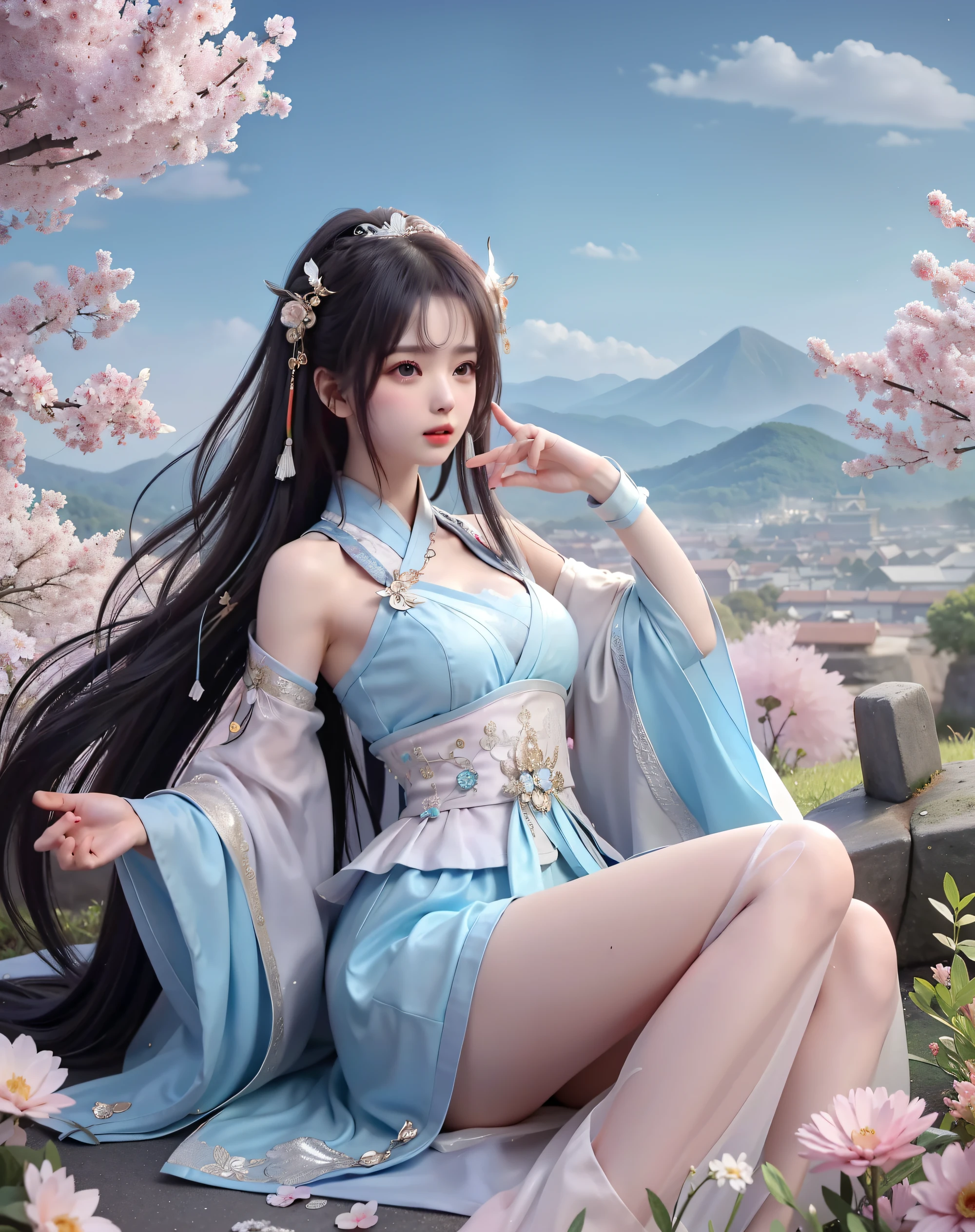 (8k, RAW photo:1.2), best quality, ultra high res,dramatic angle,(fluttered detailed color splashs), (illustration),(((1 girl))),(long hair),(rain:0.9), (Headdress:1.4),There is an ancient palace beside the girl,Hanfu,(Key Points),Color ink painting,(Splash of Color),Splash of Color,(((colorful))),(sketch:0.8) , Masterpiece, best quality, beautiful painted, highly detailed,(denoising:0.6),[splash ink],((ink refraction)), (beautiful detailed sky),moon,highly,detaild,(masterpiece, best quality, extremely detailed） CG Unity 8k Wallpaper，masterpiece，best quality，Ultra Detailed），（Lycoris）. hanfu open v open V-chested clothes Thin silk lace dress , (huge ，cleavage),, white pinkand gren，best qualtiy，tmasterpiece，Ultra-high resolution，（Reality：1.4），RAW photogr，（True skin texture：1.3），（filmgrain：1.3），（Selfie angle），1个Giant Breast Girl，Beautiful eye and face details，tmasterpiece，Best quality at best，，The chest more exposed， detailed hair, bra pink , detail 8k, upper body, lace petticoat