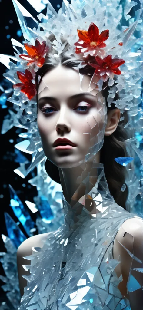 A glittering and dreamlike photorealistic digital render, A crystalline Goddess made of pieces of broken glass, puddle of Ocean,...