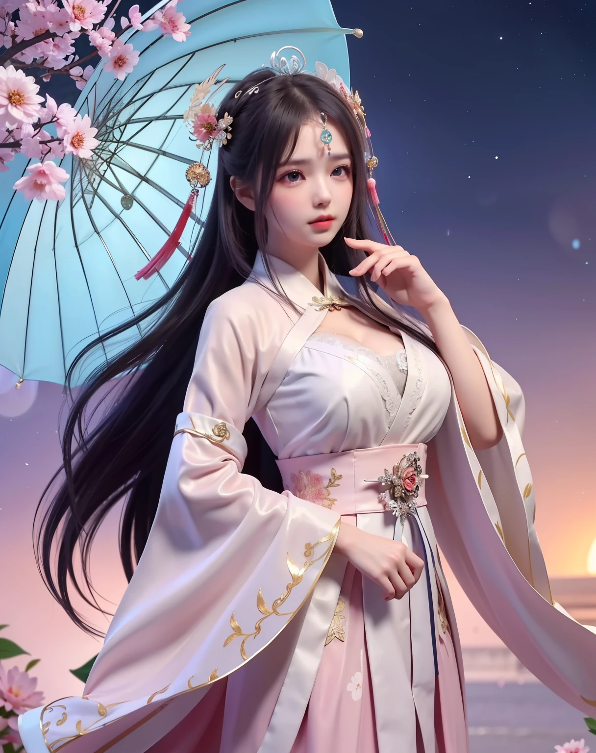 (8k, RAW photo:1.2), best quality, ultra high res,dramatic angle,(fluttered detailed color splashs), (illustration),(((1 girl))),(long hair),(rain:0.9), (Headdress:1.4),There is an ancient palace beside the girl,Hanfu,(Key Points),Color ink painting,(Splash of Color),Splash of Color,(((colorful))),(sketch:0.8) , Masterpiece, best quality, beautiful painted, highly detailed,(denoising:0.6),[splash ink],((ink refraction)), (beautiful detailed sky),moon,highly,detaild,(masterpiece, best quality, extremely detailed） CG Unity 8k Wallpaper，masterpiece，best quality，Ultra Detailed），（Lycoris）. hanfu open v open V-chested clothes Thin silk lace dress , (huge ，cleavage),, white pinkand gren，best qualtiy，tmasterpiece，Ultra-high resolution，（Reality：1.4），RAW photogr，（True skin texture：1.3），（filmgrain：1.3），（Selfie angle），1个Giant Breast Girl，Beautiful eye and face details，tmasterpiece，Best quality at best，，The chest more exposed， detailed hair, bra pink , detail 8k, upper body, lace petticoat