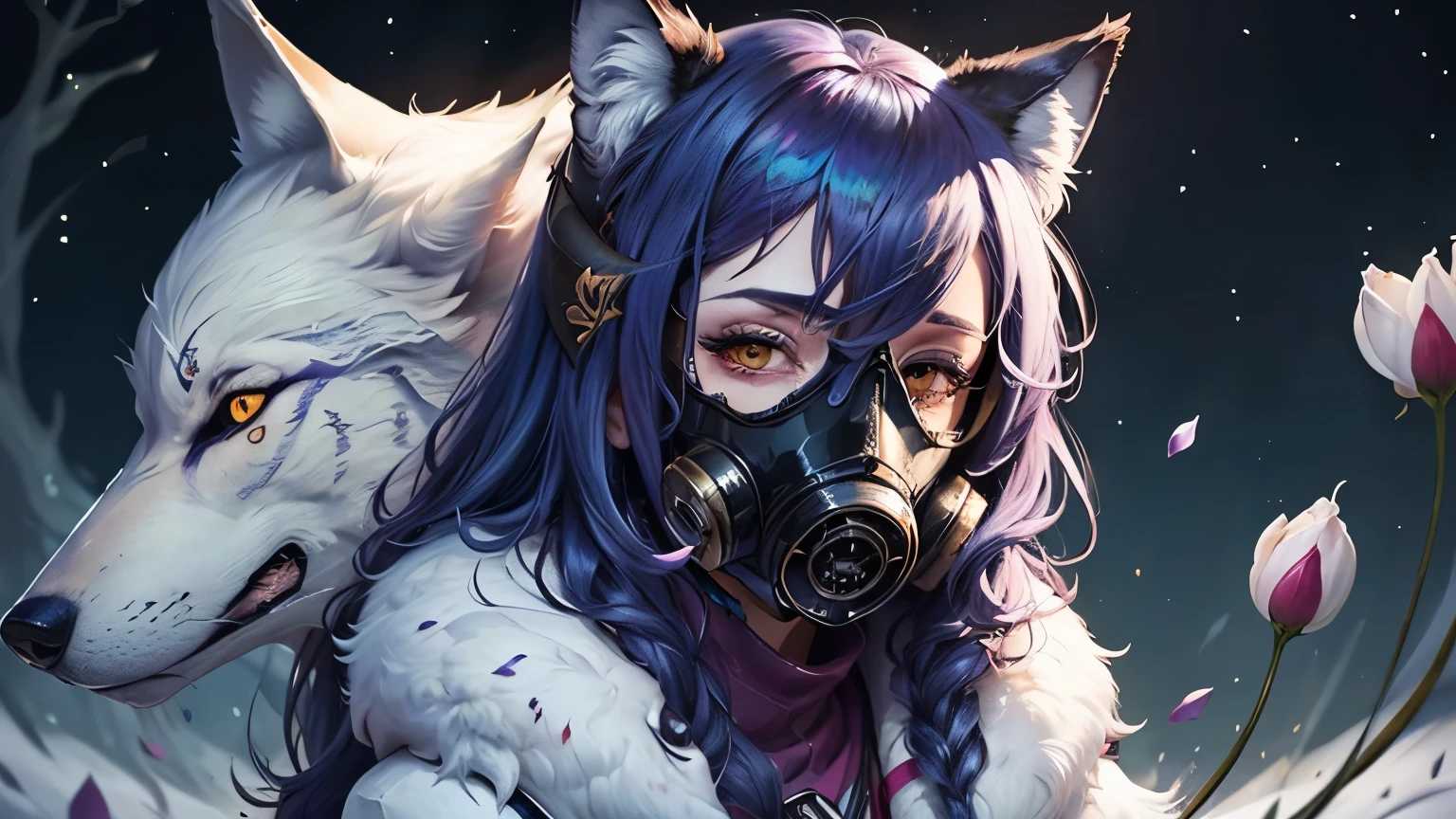 ((best quality)), ((masterpiece)), (detailed)) perfect face highest quality, shiny night sky, ink:1.3,masterpiece,1girl,solo, blue hair, horns,standing,cherry blossom, (wolf:1.2),fullface latex gasmask covering her face, falling petals, light smile, closed mouth, one can only see her eyes through the holes in the white latex gasmask covering her face, 2 white wolves are with her