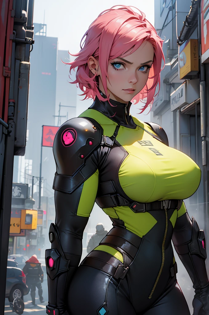 Fake body and  , Mature woman  in metal rising revengeance body details, foto de busto, big pink hair, shining blue eyes, wearing a mustard yellow jumpsuit, breasts big, 35 years old, eye on the spectator, Look to the camera, , the background is a cyberpunk city, revegeance expression, foco no rosto, de frente, foco no busto, riaden armor of metal gear rising, busty woman,pronto para lutar, mini saia roxa e branca, expressão intensa, fundo branco liso, ambiente frio, vapor subindo, movimento dinâmico, atitude confiante, atmosfera fria
