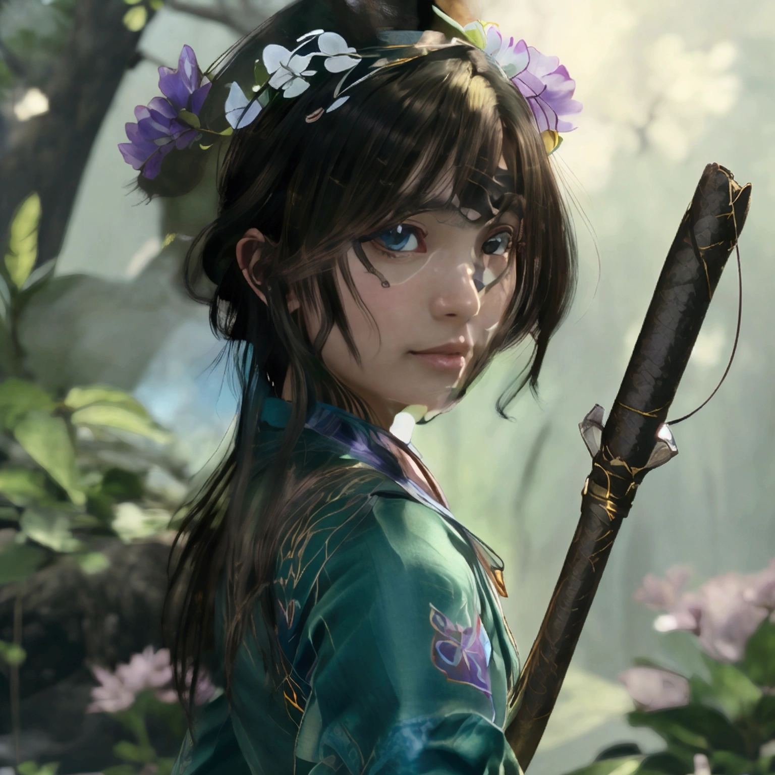 Design an anime-style character named Aiko, styled as 'Mystic Healer.' Aiko should have a calm, nurturing expression, with large, expressive eyes and a gentle, comforting pose. Outfit Aiko in robes or attire adorned with healing motifs and magical symbols, using soft, flowing fabrics with subtle glowing accents. The color palette should include soothing shades like soft blues, greens, and purples. Include a staff or magical artifact featuring intricate designs that highlight Aiko's healing abilities. The background should be a serene setting such as a tranquil garden, mystical temple, or sacred grove, with ambient lighting and natural elements like flowers or a gentle stream. Ensure the artwork evokes a sense of peace and healing, making Aiko a soothing and mystical character