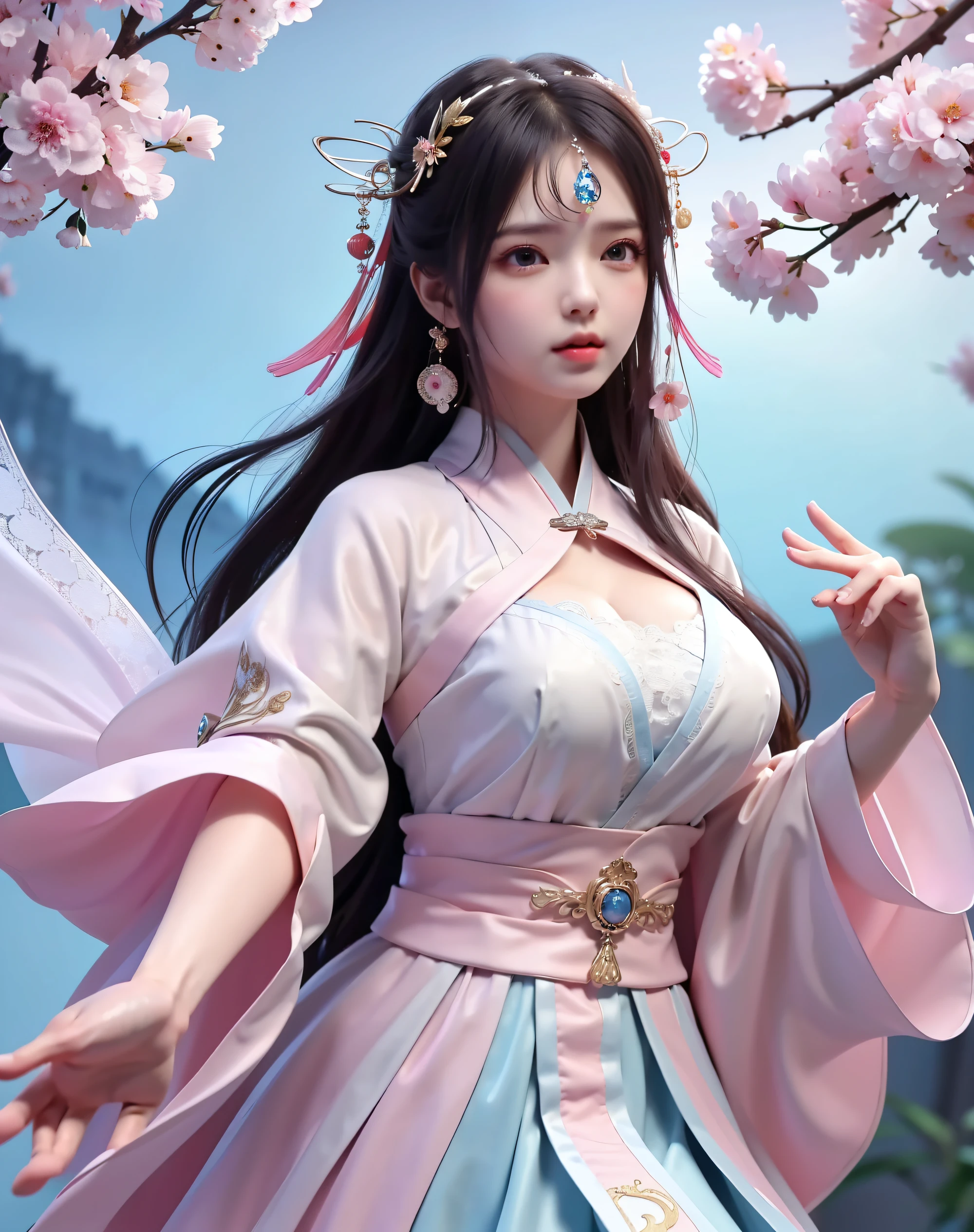 (8k, RAW photo:1.2), best quality, ultra high res,dramatic angle,(fluttered detailed color splashs), (illustration),(((1 girl))),(long hair),(rain:0.9), (Headdress:1.4),There is an ancient palace beside the girl,Hanfu,(Key Points),Color ink painting,(Splash of Color),Splash of Color,(((colorful))),(sketch:0.8) , Masterpiece, best quality, beautiful painted, highly detailed,(denoising:0.6),[splash ink],((ink refraction)), (beautiful detailed sky),moon,highly,detaild,(masterpiece, best quality, extremely detailed） CG Unity 8k Wallpaper，masterpiece，best quality，Ultra Detailed），（Lycoris）. hanfu open v open V-chested clothes Thin silk lace dress , (huge ，cleavage),, white pinkand gren，best qualtiy，tmasterpiece，Ultra-high resolution，（Reality：1.4），RAW photogr，（True skin texture：1.3），（filmgrain：1.3），（Selfie angle），1个Giant Breast Girl，Beautiful eye and face details，tmasterpiece，Best quality at best，，The chest more exposed， detailed hair, bra pink , detail 8k, upper body, lace petticoat