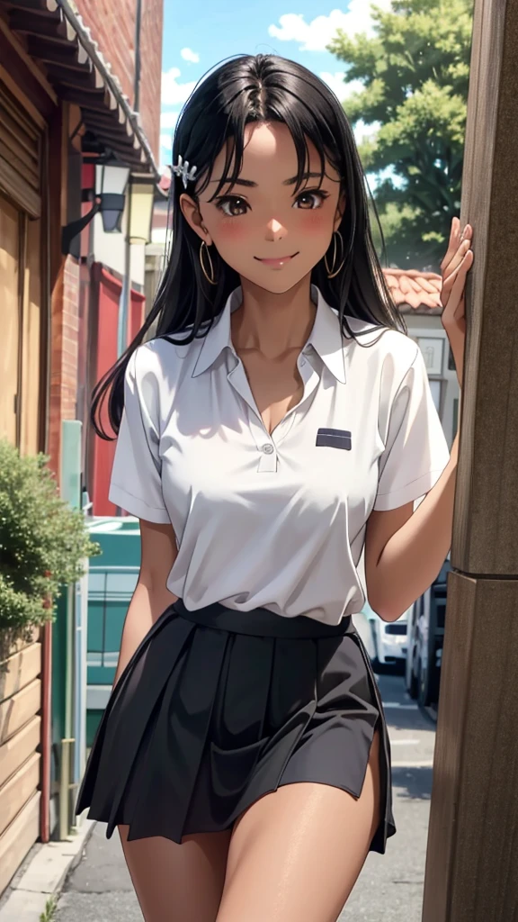 ((best quality)), ((masterpiece)), (details), one girl, sexy ((best quality)), ((masterpiece)), (details), one girl, sexy ((best quality)), ((masterpiece)), (details), one girl, full body, sexy expensive body, expensive, long legs, mature woman, mature, adult, it_nagatoro_main, Hayase Nagatoro, one girl, blushing, alone, white polo shirt, short sleeves, black hair,brown eyes, hair accessory, looking at viewer, hair clip, smiling, long hair, dark skinned woman, dark skin, , bangs, daytime, skirt, collared shirt, collarbone, ear clip, mouth closed, tree, asymmetrical bangs, upper body