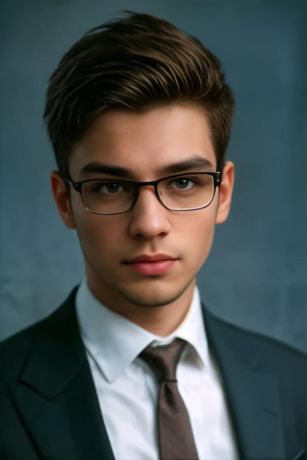 a handsome 21 year old  man with fair skin,wearing glasses,narrow body,posing formally for a linkedin profile picture,extremely detailed face and eyes,beautiful detailed lips,longeyelashes,wearing a formal suit and tie,standing in a professional office setting,natural lighting,photorealistic,ultra-detailed,8k,highres,best quality,professional photo