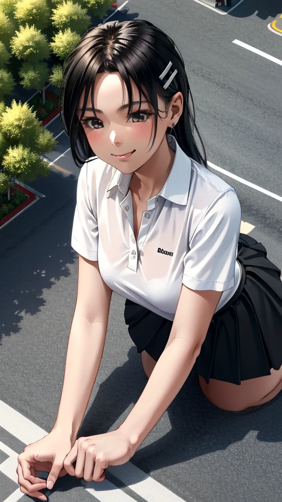 ((best quality)), ((masterpiece)), (details), one girl, sexy ((best quality)), ((masterpiece)), (details), one girl, sexy ((best quality)), ((masterpiece)), (details), one girl, full body, sexy expensive body, expensive, long legs, mature woman, mature, adult, it_nagatoro_main, Hayase Nagatoro, one girl, blushing, alone, white polo shirt, short sleeves, black hair,brown eyes, hair accessory, looking at viewer, hair clip, smiling, long hair, dark skinned woman, dark skin, , bangs, daytime, skirt, collared shirt, collarbone, ear clip, mouth closed, tree, asymmetrical bangs, upper body