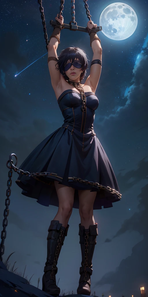 masterpiece, best quality, 1girl, solo, gloves, dress, bare shoulders, closed mouth, military boots, sky, black footwear, blindfold, night sky, full moon, elbow gloves, armpits, arms up, ((chain, bound, restrained:1.3)) standing , wariza, night, starry sky, sky, cowboy shot, view from below, far shot