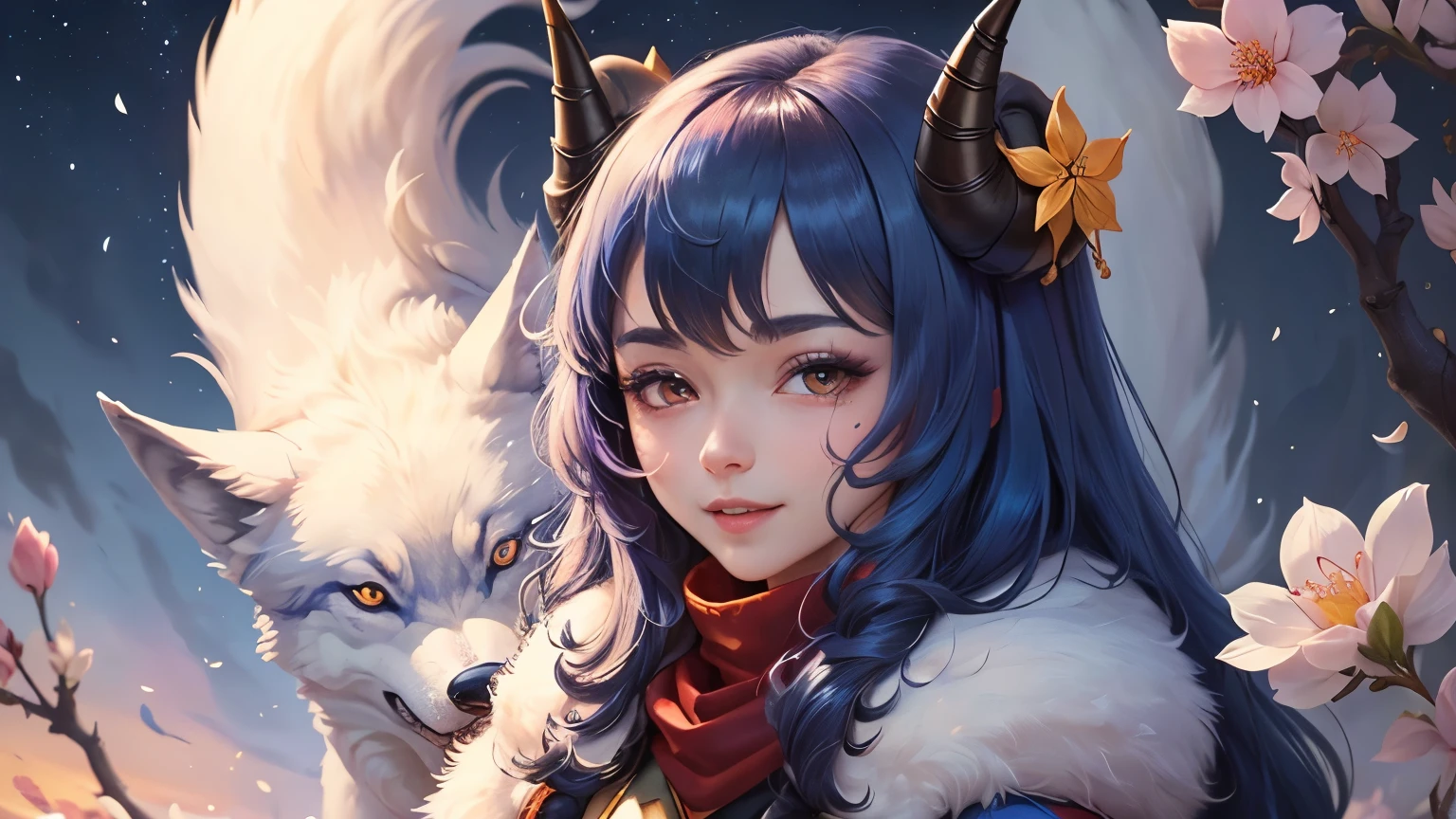 ((best quality)), ((masterpiece)), (detailed)) perfect face highest quality, shiny night sky, ink:1.3,masterpiece,1girl,solo, blue hair, horns,standing,cherry blossom, (wolf:1.2), falling petals, light smile, closed mouth, 2 white wolves are with her