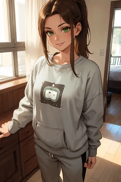 1 girl, solo, long brown hair, green eyes, no bangs, very white skin, ponytail, smile, grey sweatshirt, black sweatpants, white ...