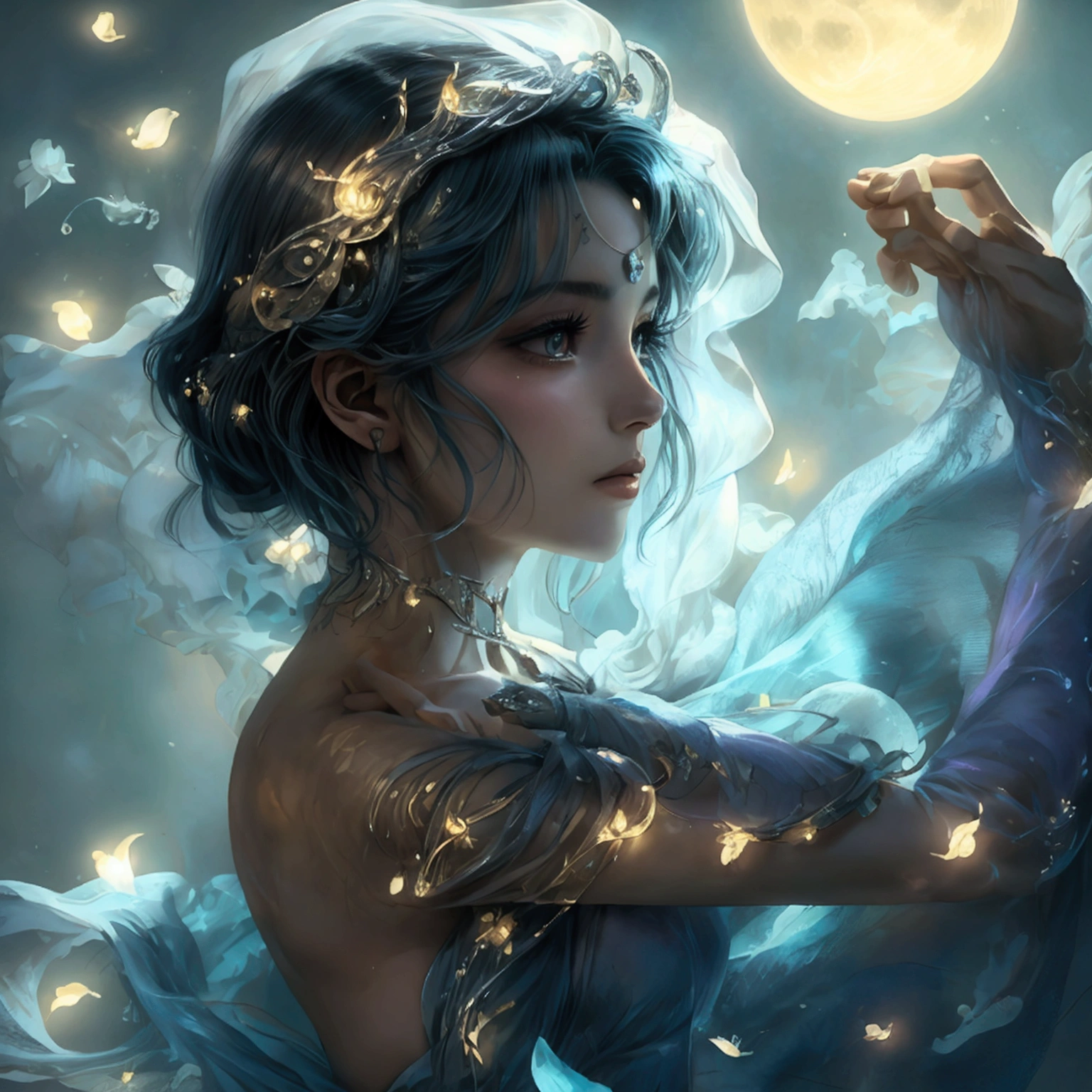 Design an anime-style character named Luna, styled as 'Moonlight Dancer.' Luna should have a graceful and enchanting expression, with large, expressive eyes and a fluid, elegant pose that showcases her dancing. Dress Luna in a flowing costume inspired by moonlight, using shimmering fabrics and ethereal details with moon-themed designs like crescent moons and stars. Add magical elements such as a moonlit veil or glowing accessories. The background should feature a serene moonlit night with soft, ethereal lighting, gentle moonbeams, and a dreamy ambiance. Include floating details like twinkling stars or delicate, swirling patterns to enhance the magical and graceful atmosphere. Ensure the artwork embodies the elegance and enchantment of moonlight and dance, making Luna a truly captivating character.