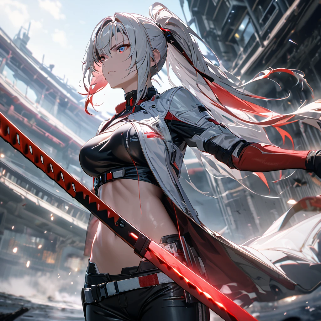 a woman wearing a white fur jacket, open jacket, wearing a short black shirt, exposed abdomen, wearing tight black pants, large breasts, silver hair, red bangs, multi-colored hair, blue eyes, red eyes, multi eyes, ponytail hair , holding a katana with a red blade, katana without a sheath, standing on a concrete platform with a winter and cold location, red ray effect, eyes transmitting red and blue rays, serious face,,UHD , prime work , accurate , anatomically correct , textured skin , super details , high quality , best quality, 8k, high resolution, bokeh effect. (woman alone), close view. Punishing_gray_raven, Alpha_Crimson_Weave
