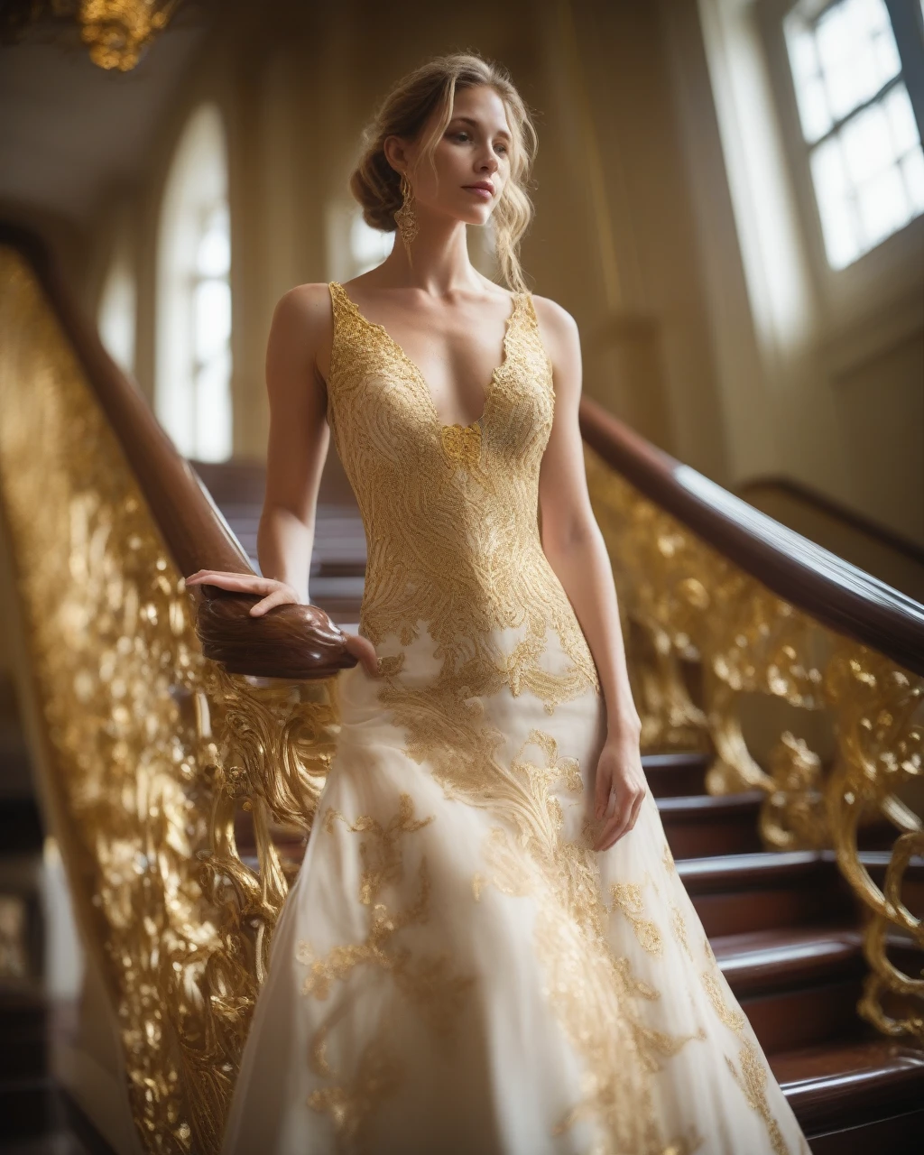 28 year old woman and long dress with gold embroidery at the top of a luxurious staircase