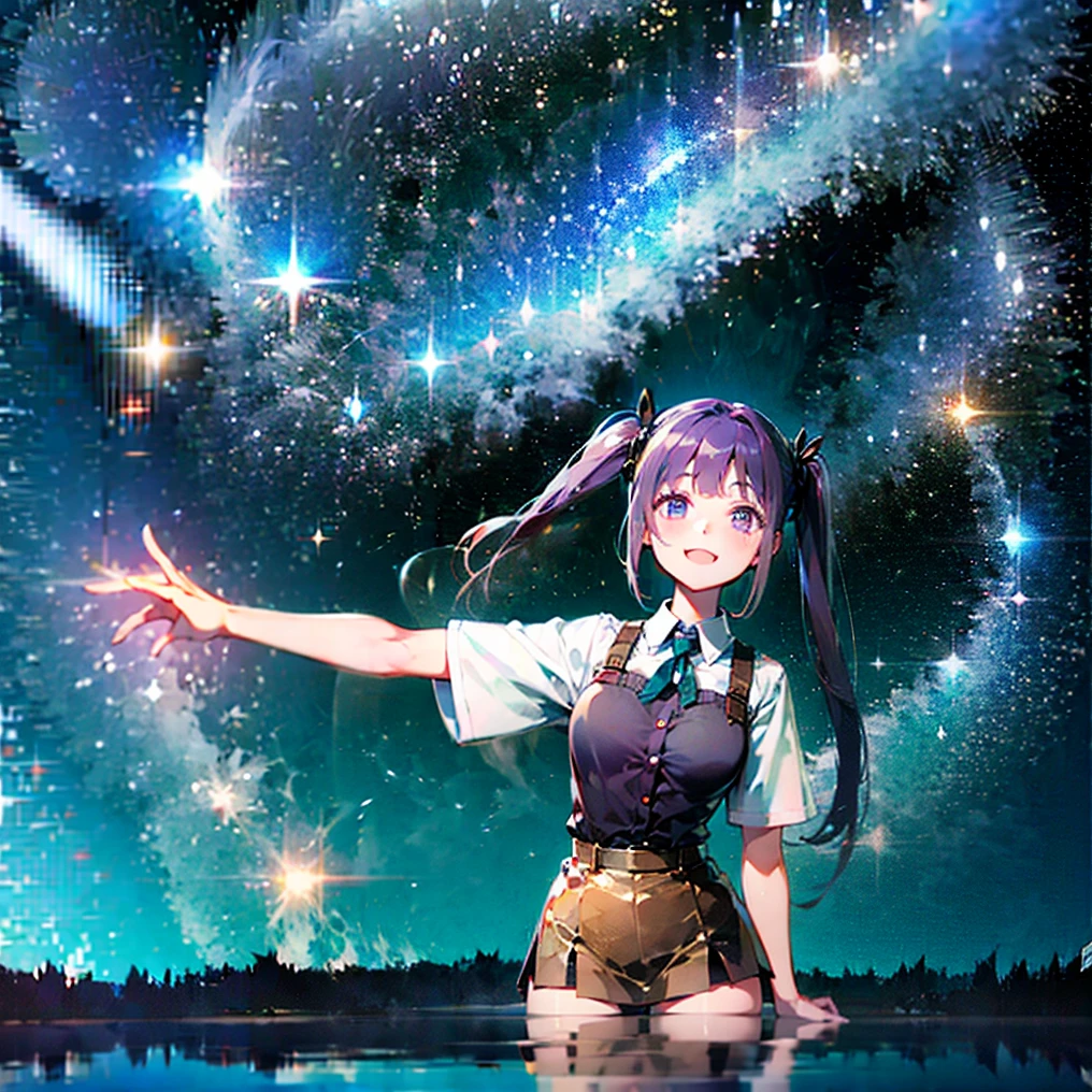 (masterpiece), (HDR), absurdres, (best quality), (ultra high quality), (hi-res), (1girl), slim, (lavender eyes), beautiful detailed eyes, teen, (dark purple hair), bangs, short side locks, (((big thick twintails))), (long straight hair), (((two gold hair ties))), button up shirt, detached collar, short sleeves, (medium breast), ((thin waist)), mini skirt, ((zettai ryouiki)), (happy expression), smile, night time, outdoors, stargazing, starlight, universe, galaxy, stars above, stars, milky way, stars reflected in eyes, mouth open, in a field, grass,