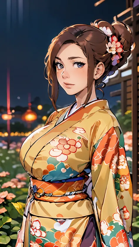 best quality, high_resolution, distinct_image, detailed background ,girl, japanese kimono,flower,garden,moon,fireworks, night,du...