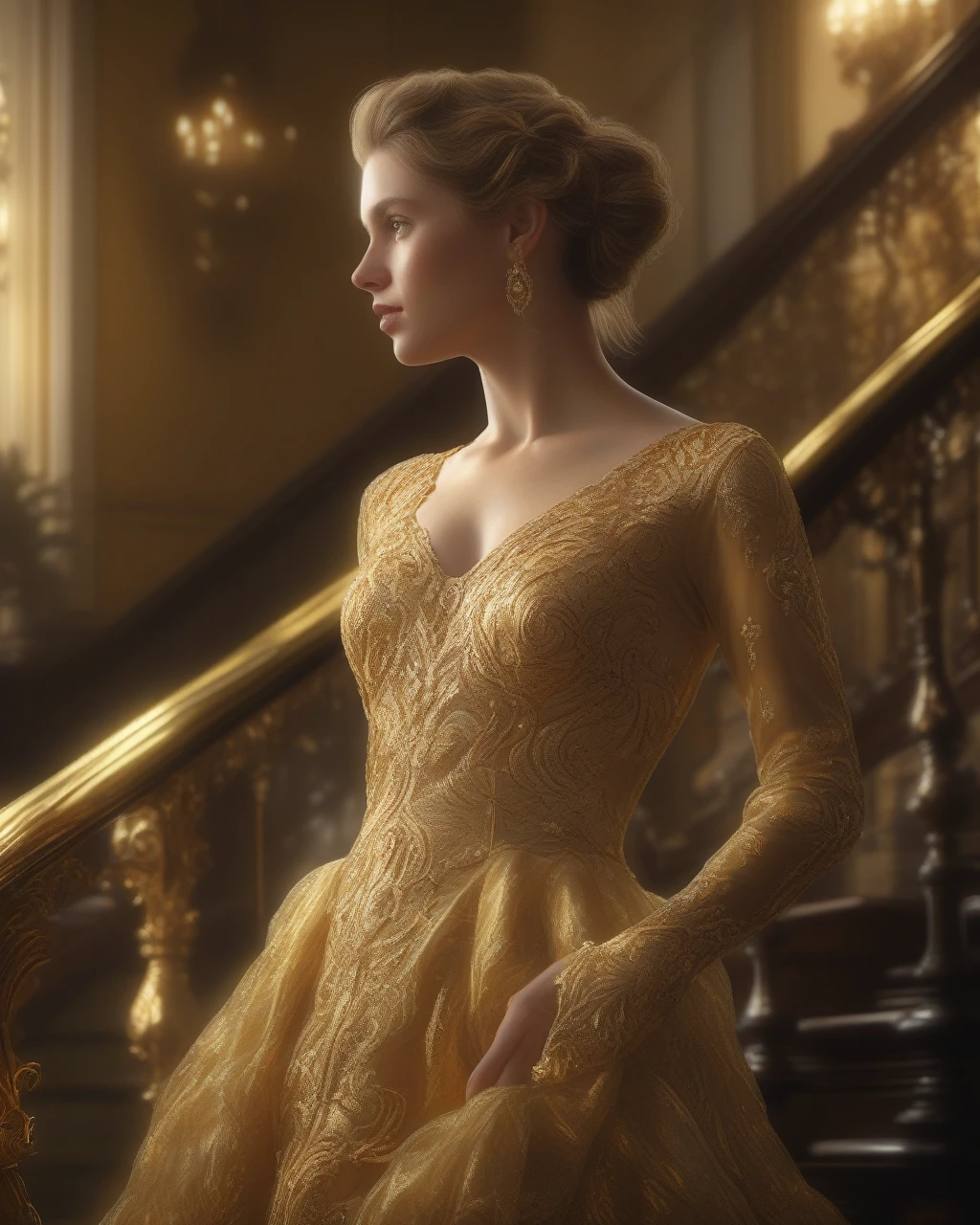 a young woman of 28 years old, with canadian and french features, dark blonde hair in a bun, wearing a long dress with golden embroidery, standing at the top of a luxurious staircase, detailed facial features, (best quality,4k,8k,highres,masterpiece:1.2),ultra-detailed,(realistic,photorealistic,photo-realistic:1.37),ultra-fine painting,physically-based rendering,extreme detail description,vivid colors,cinematic lighting,dramatic portrait,elegant,refined,luxury,ornate