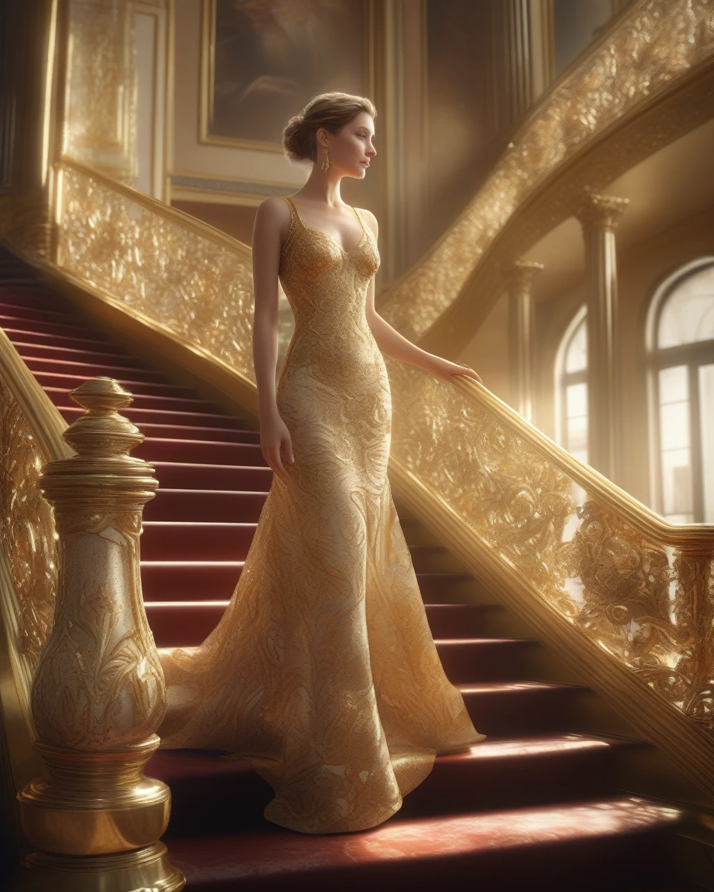 a young woman of 28 years old, with canadian and french features, dark blonde hair in a bun, wearing a long dress with golden embroidery, standing at the top of a luxurious staircase, detailed facial features, (best quality,4k,8k,highres,masterpiece:1.2),ultra-detailed,(realistic,photorealistic,photo-realistic:1.37),ultra-fine painting,physically-based rendering,extreme detail description,vivid colors,cinematic lighting,dramatic portrait,elegant,refined,luxury,ornate