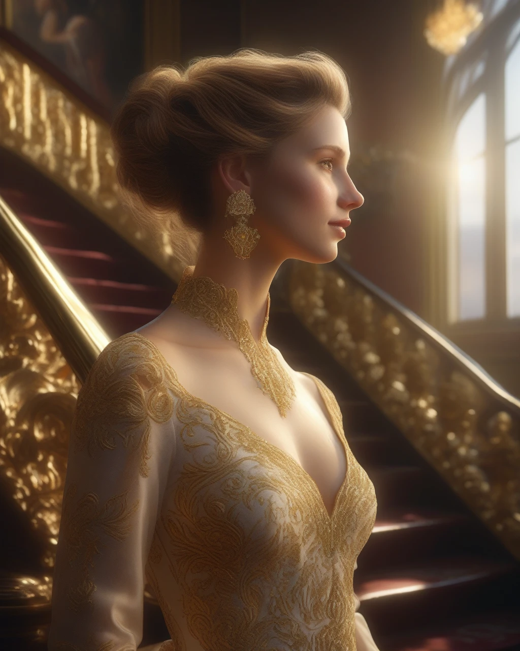 a young woman of 28 years old, with canadian and french features, dark blonde hair in a bun, wearing a long dress with golden embroidery, standing at the top of a luxurious staircase, detailed facial features, (best quality,4k,8k,highres,masterpiece:1.2),ultra-detailed,(realistic,photorealistic,photo-realistic:1.37),ultra-fine painting,physically-based rendering,extreme detail description,vivid colors,cinematic lighting,dramatic portrait,elegant,refined,luxury,ornate