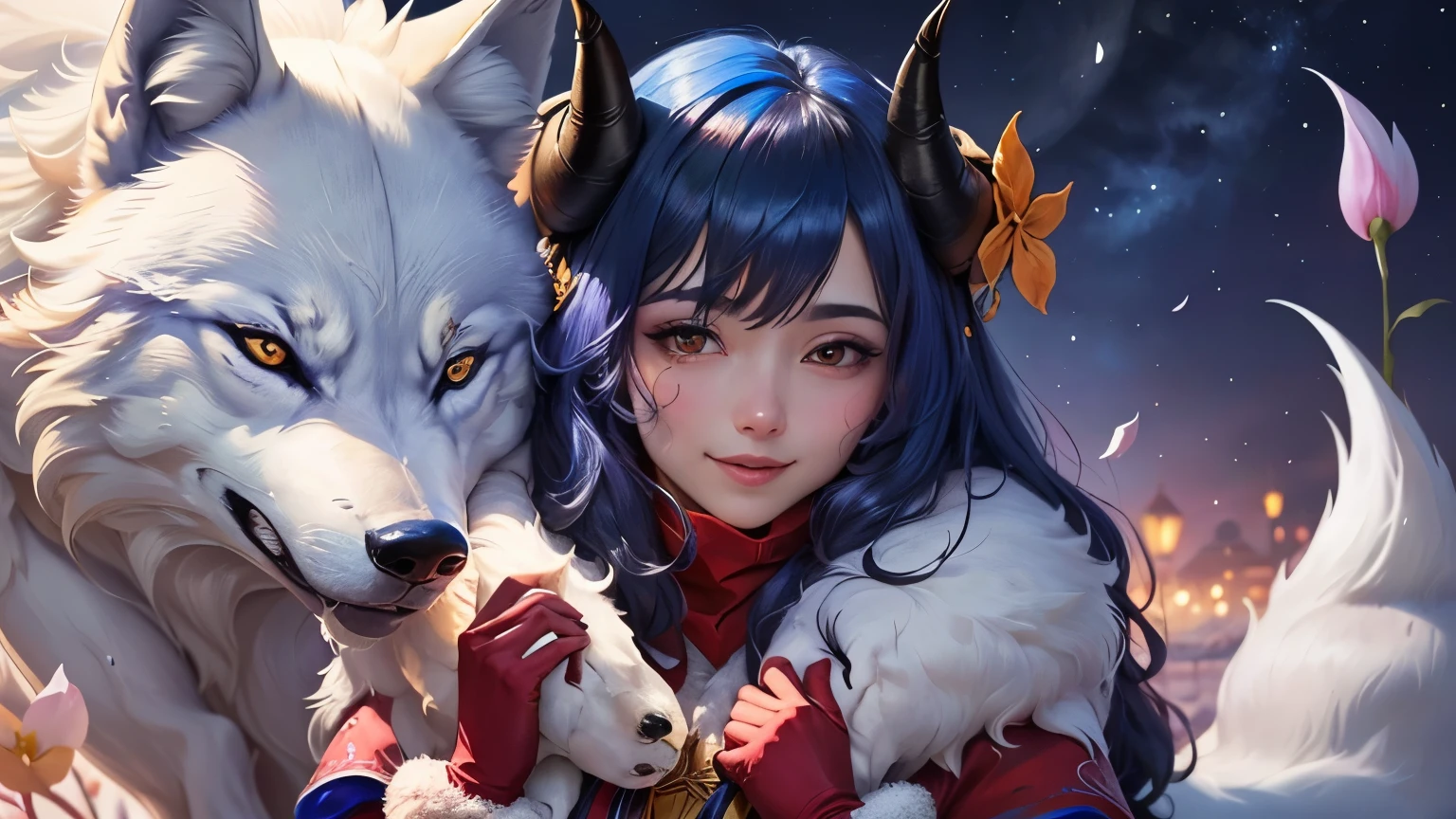 ((best quality)), ((masterpiece)), (detailed)) perfect face highest quality, shiny night sky, ink:1.3,masterpiece,1girl,solo, blue hair, horns,standing,cherry blossom, (wolf:1.2), falling petals, light smile, closed mouth, 2 white wolves are with her, she embraces one of them, she wears red gloves