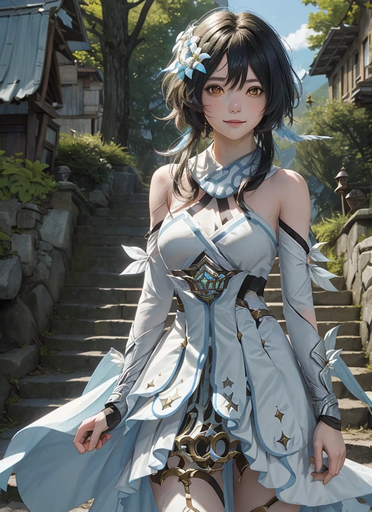 luminedef, upper body, smile, blush, outdoors, day, simple background, blue sky, short hair, sky, temple, looking at viewer, stairs, mountain, moody lighting,Black hair, with bangs on the forehead, best quality, high resolution, detailed, best detail, in the middle of a dark forest, light clothes, medium breasts 