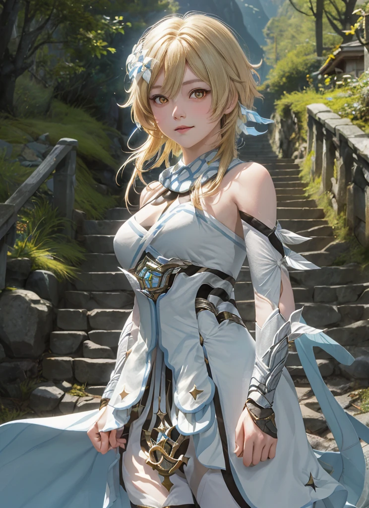 luminedef, upper body, smile, blush, outdoors, day, simple background, blue sky, short hair, sky, temple, looking at viewer, stairs, mountain, moody lighting,Black hair, with bangs on the forehead, best quality, high resolution, detailed, best detail, in the middle of a dark forest, light clothes, medium breasts 