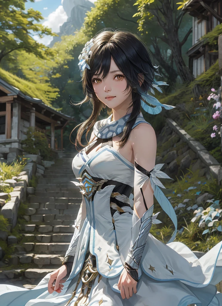 luminedef, upper body, smile, blush, outdoors, day, simple background, blue sky, short hair, sky, temple, looking at viewer, stairs, mountain, moody lighting,Black hair, with bangs on the forehead, best quality, high resolution, detailed, best detail, in the middle of a dark forest, light clothes, medium breasts 