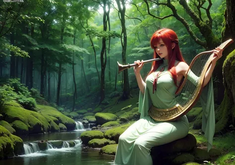 beautiful girl playing the harp in a celtic forest
a beautiful redhead girl sits on a mossy stone in a lush ancient forest and p...