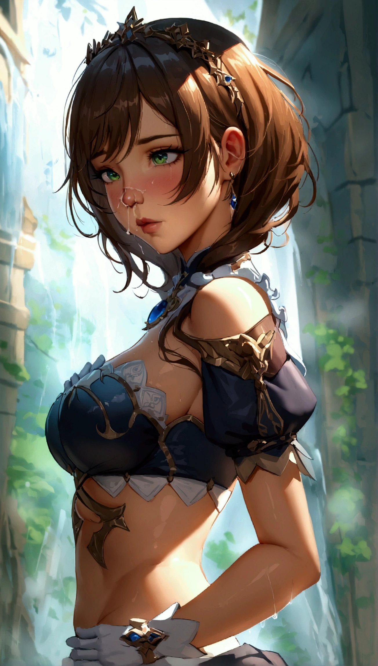 (masterpiece, Best quality, 8 thousand., Sharp Focus, depth of field, BEST SHADOWS, Perfect light, HDR, realistic skin texture, ultra-detailed background, detailed), anime style, genshin impact, Lisa Minchey, young woman, 1 young woman, Brown hair curled at the ends to the shoulder blades, green eyes, beautiful eyes, Perfect eyes, expressive eyes, beautiful nose, medium breast, beautiful breasts, hirobasin, slave, fat body, thick legs, Thick arms, fat belly, fat ass,  cold, runny nose, sneezes, Covers nose with hands, standing, full length, Full body.