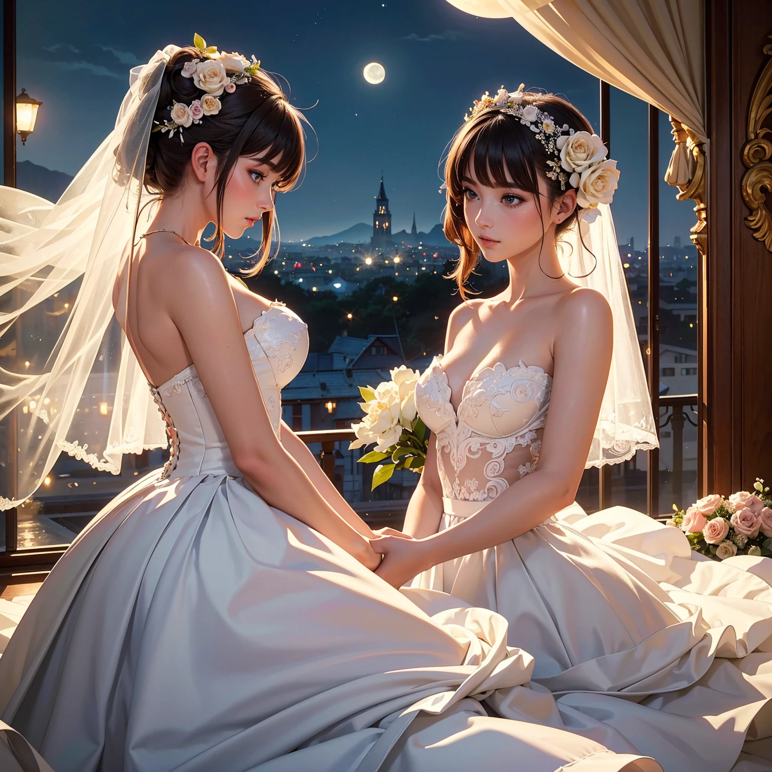 (masterpiece, highest quality, official art, beauty and aesthetic:1.5), perfect anatomy, perfect hands, two stunning bride is deeply in love with each other, kiss, romantic atmosphere, flower and moon, magnificent panorama view