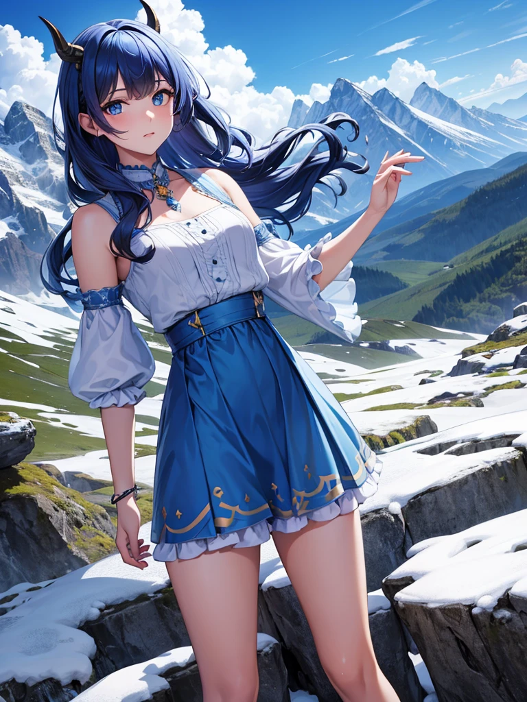 Young woman, малиновые and curly hair, small horns, Blue eyes, blue middle dress with sleeves, in the mountains, pit weather, modest pose