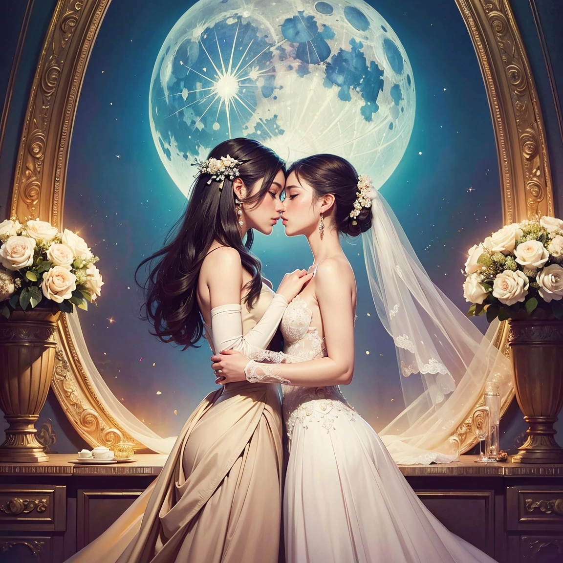 (masterpiece, highest quality, official art, beauty and aesthetic:1.5), perfect anatomy, perfect hands, two stunning bride is deeply in love with each other, kiss, romantic atmosphere, flower and moon, magnificent panorama view