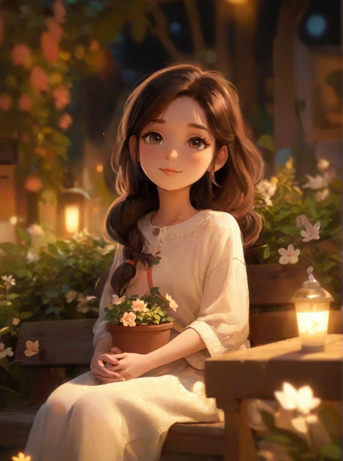 A woman sitting on a bench，Holding a potted plant in hand, Lovely digital art, lovely and Lovely, Lovely character, Lovely detailed digital art, Lovely cartoon character, Lovely数字, Lovely and lovely, realistic Lovely girl painting, Lovely cartoon, Popular on cgstation, Lovely portrait, 🍁 Lovely, Beautiful soft lighting, Lo-Fi Girl, Lovely artwork