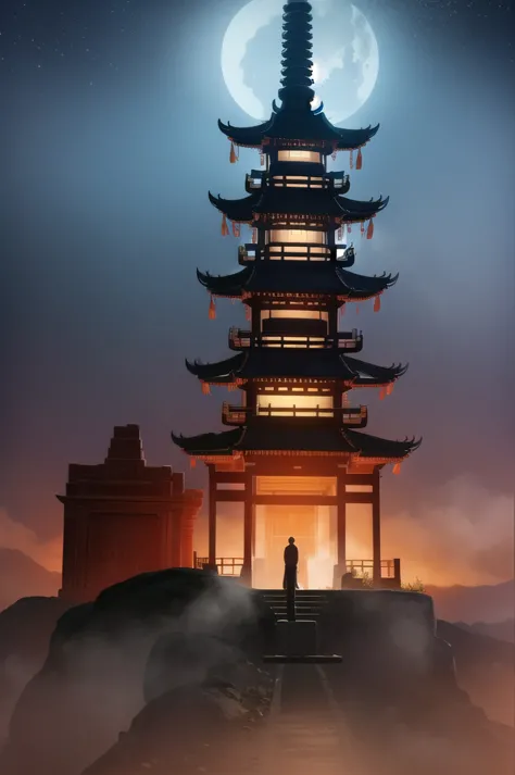 「mysterious ancient temple floating in the night fog。the temple&#39;s stone pillars are inscribed with ancient runes.、the pale l...