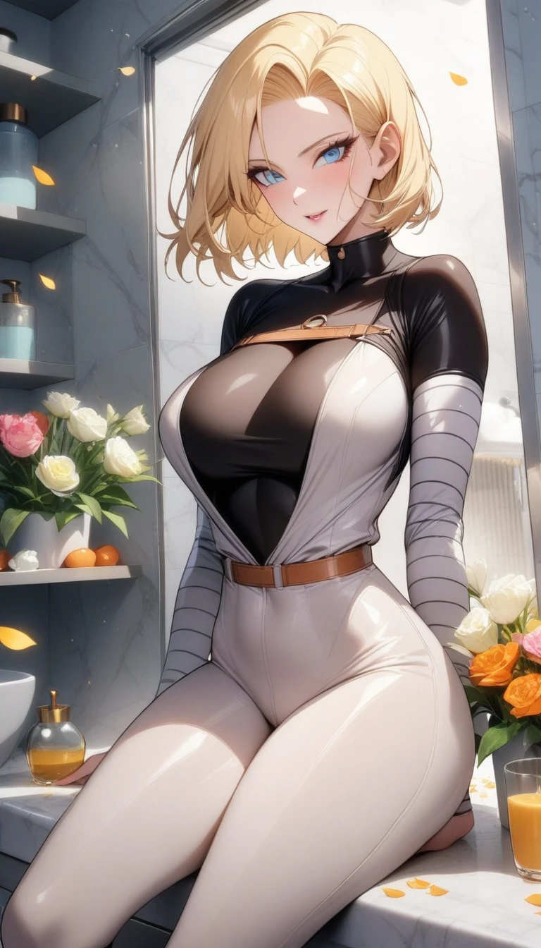 masterpiece, best quality, very aesthetic, absurdres, 1girl, mature_lady,skin_colored, skin_colored_bodysuit, bodysuit,,Android 18(Dragon Ball), short hair,blonde hair, blue eyes,,in bathroom,surrounding by flowers,falling_petals, petals,