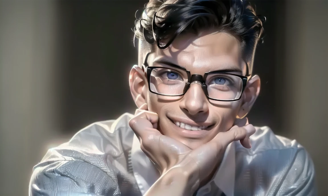 "((highly detailed, detailed eyes, detailed face, clear and realistic facial features, photorealistic, realistic light; cinematic)), (1 man), ((((sexy beautiful male nerd aged 18)))), (((ugly glasses))), ((((smirking expression)))), ((smiling eyes)), (((slender body))), (black hair), (tanned skin), (((dressed in nerdy clothes)))."