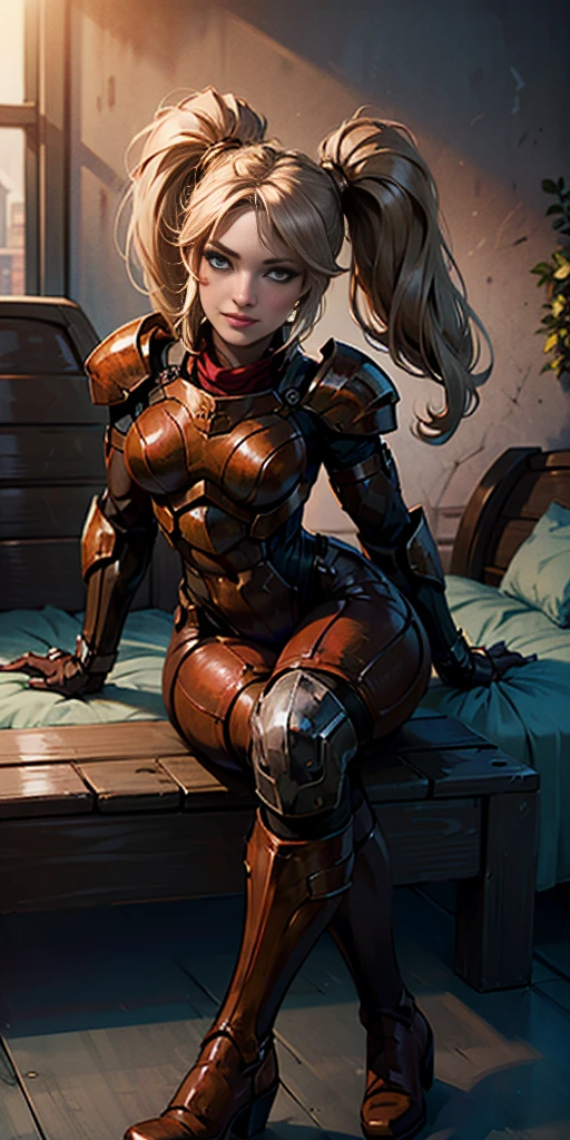 Lancer Artoria body (Alexis Texas Face), elegant adult female, blonde, green eyes (yellow eyelashes) crown, turtleneck, full body sitting on a bench, showing ass to me, RED breastplate, RED skin (1SologirlRED skin:1.2), looking at viewer, shiny, armor, thigh highs, high boots, pauldrons shoulder armor, faulds, poleyn, RED gloves gauntlets, rerebrace, RED military armored boots, yordle muscular lean platinum blonde long twin tails hairstyle at the bedroom lustful smirking smile face red blushed, blush, strong abs, female body builder, tiara, twin drills hair, (masterpiece, best quality, ultra detailed, best shadow)