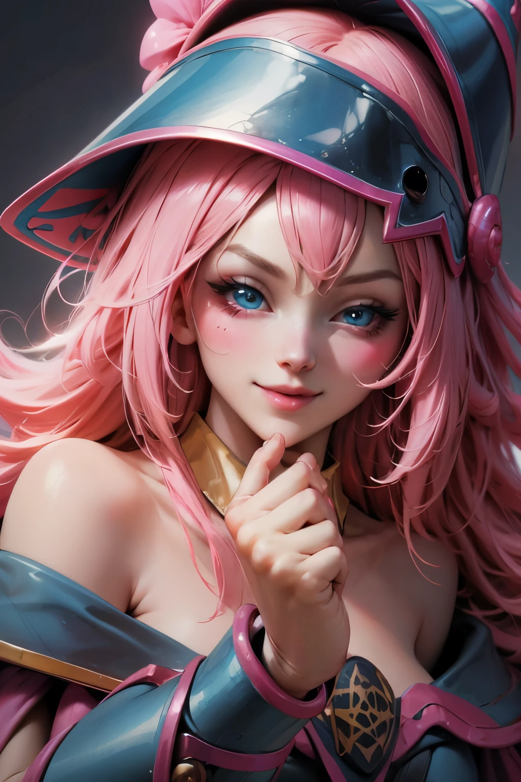 Beautiful face of dark wizard gils., blue eyes. pink lips. bright yellow hair. exposed shoulders, angelic smile, beautiful well detailed face of dark wizard gils. blowing a kiss. and winking. She is flirtatious with the viewer. Throw a kiss.