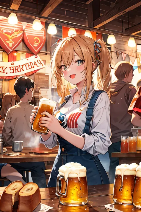 beer themed birthday party, high-resolution, vibrant colors, lively atmosphere, group of friends, casual attire, beer mugs raise...