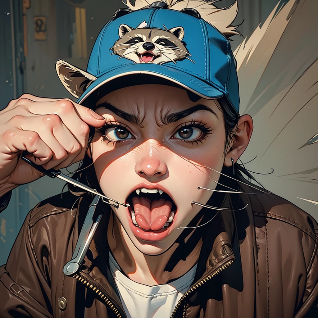 rage racoon illustration, angry face, shouted mouth, wearing bicycle cap, biting a wrench, face close up 