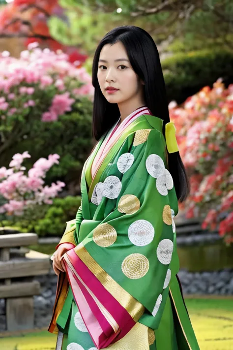 front view , ( standing on garden), a japanese ancient girl,  (princess kaguya),looking at viewer, beautiful japanese young gene...