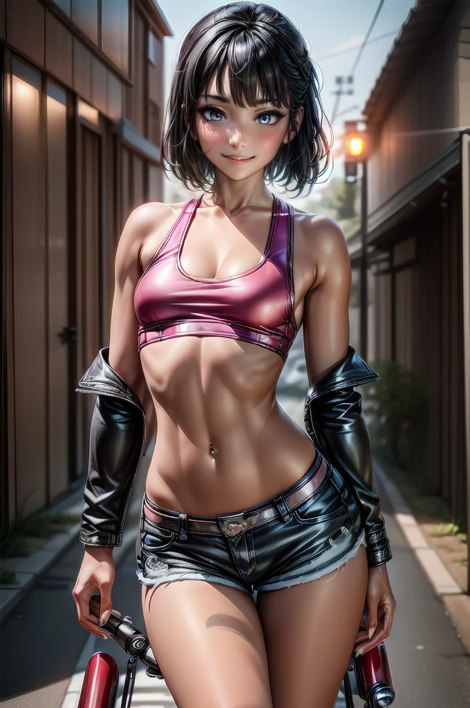 (cowboy shot), (Perfect Anatomy, top-quality, The ultra -The high-definition, high resolution, extremely detailed CG, 8K Unit Wallpapers), 26-year-old lady, solo, beautiful detailed eyes, black hair, short bob hair, blunt bang, (small breasts, statuesque slender body, athletic), gleaming skin, oily skin, (punk fashion, leather jacket, Tank top, micro shorts), (drive a motorcycle,Harley-Davidson), on road, Tokyo, at night