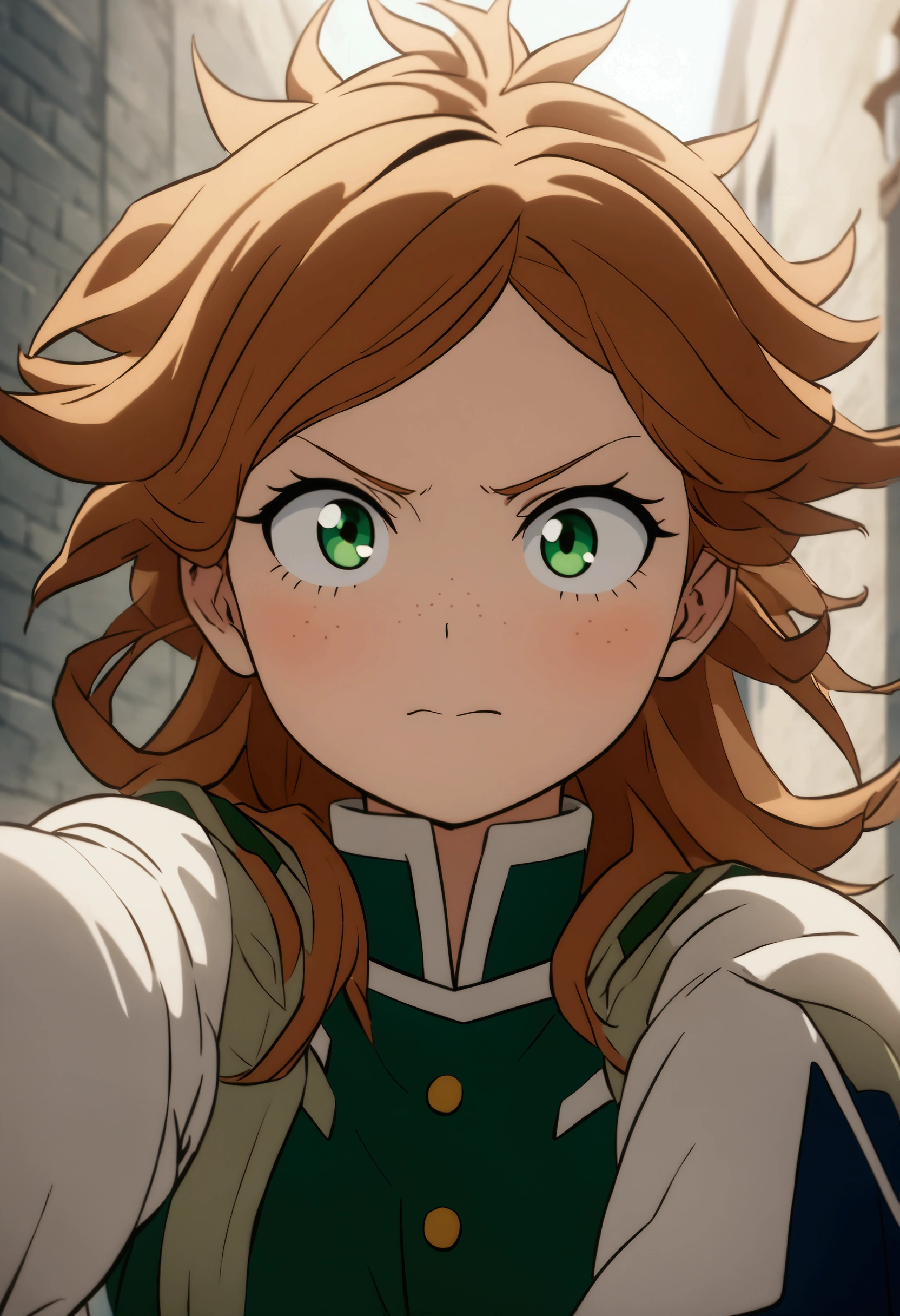 She is a 10 year old kid, ( looking at the Viewer), she has slightly disheveled long ginger hair, light brown eyes, with some freckles on the nose area  , fit body , anime art slyle my hero academy , , cute face , she is dressed in the anime female uniform "my hero academia",   , 8k, high quality, masterpiece, , cinematic, vivid colors, shining green eyes