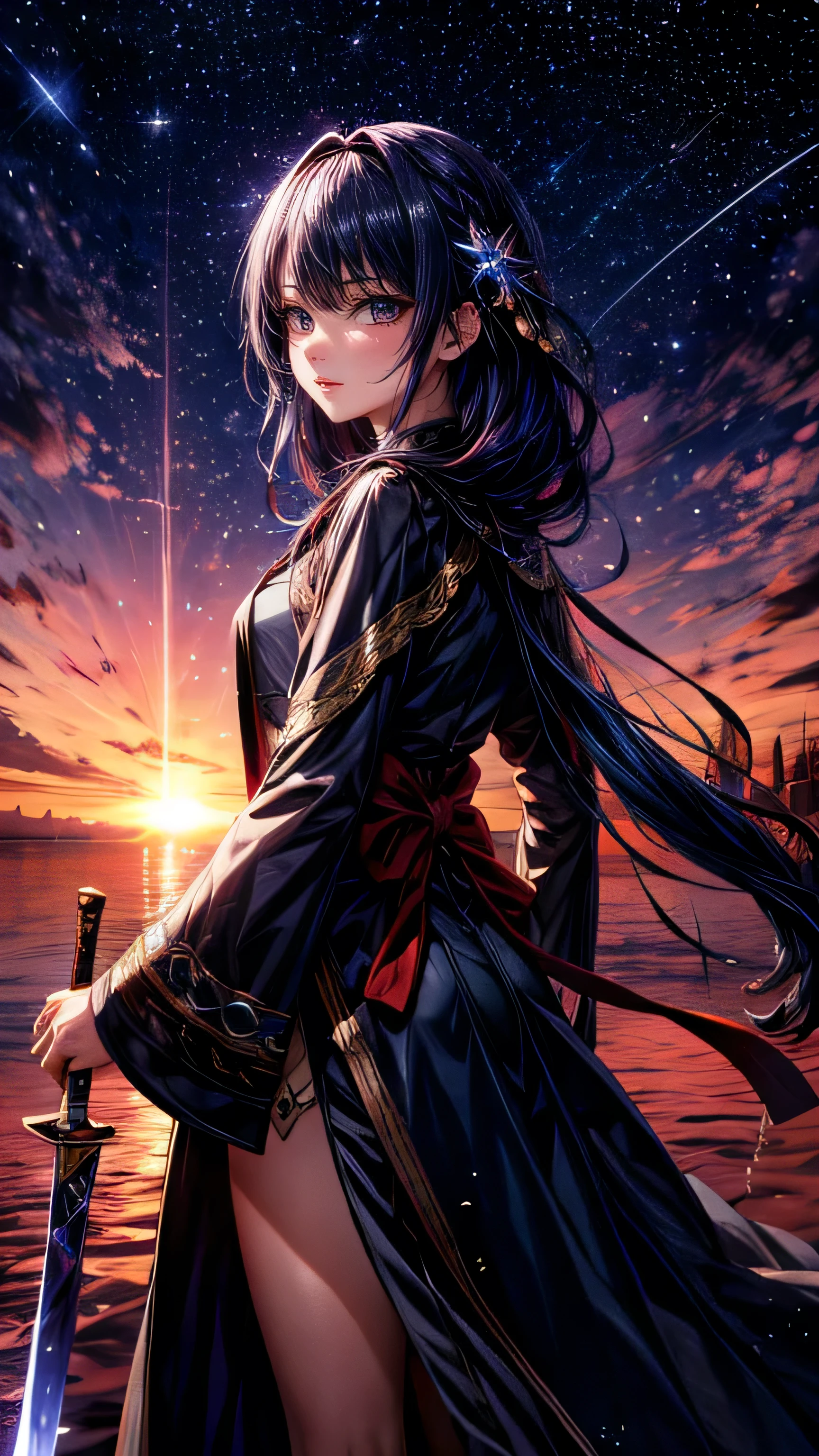 Starry Sky，１people々,far view,long hair，Long coat，sword，silhouette，Space Sky, Anime Style,masterpiece,best quality,ultra detailed,high-resolution,8k portrait,unity 8k wallpaper,extremely detailed CG unity 8k wallpaper
